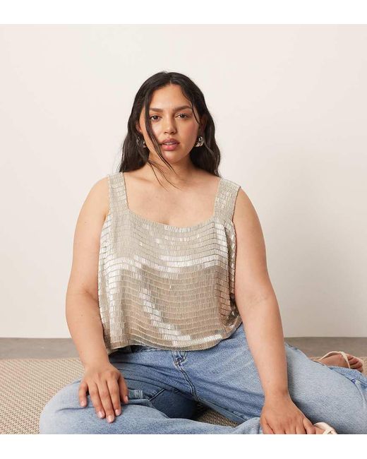 ARRANGE Blue Curve Embellished Beaded Square Neck Boxy Crop Top