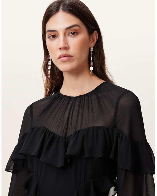 AllSaints Black Nat Ruffled High Low Maxi Dress
