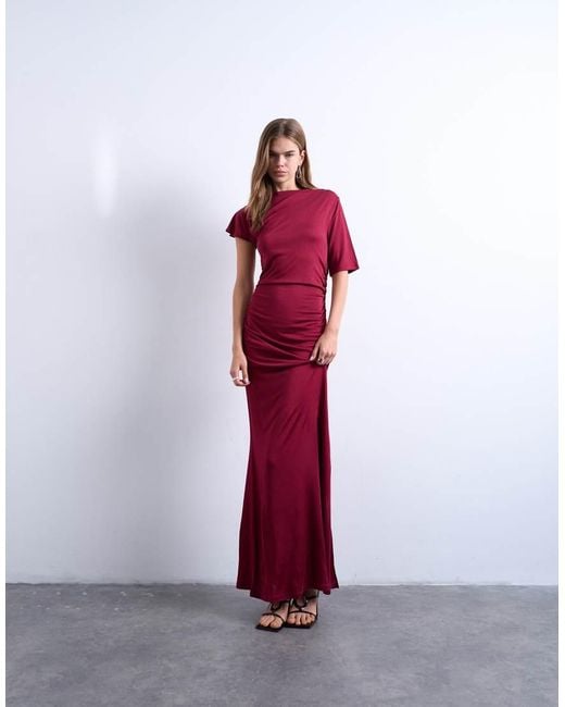 TOPSHOP Red Short Sleeve Asymmetric Slinky Maxi Dress