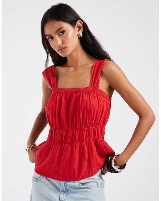 Pieces Red Wide Strap Cotton Smocked Top