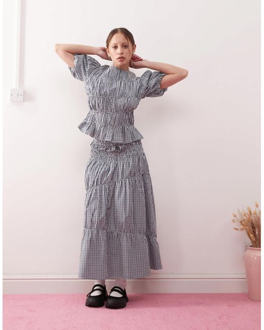 Top style western à manches courtes avec manches bouffantes et détail froncé - carreaux bleus Reclaimed (vintage) en coloris Blue
