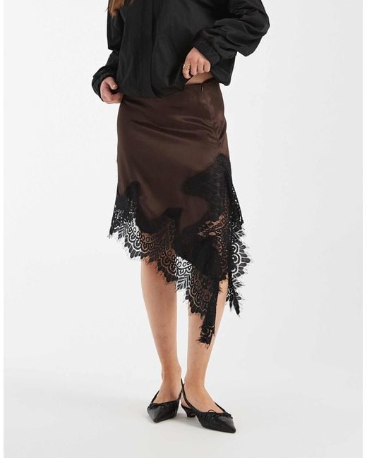 ASOS Black Satin Asymmetric Lace Trim Mini Skirt