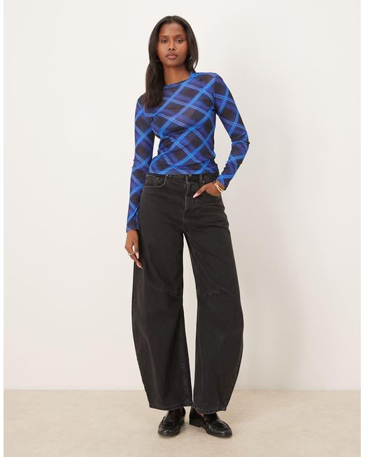 ASOS Blue Gauzy Sheer Check Printed Long Sleeve Top
