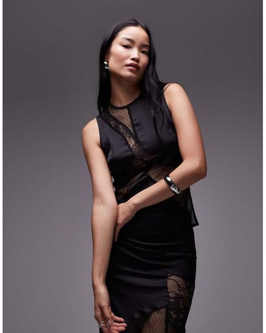 TOPSHOP Black Satin And Lace Mix Sleeveless Top