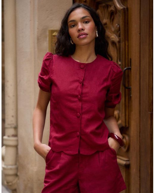 Threadbare Red Linen Blend Puff Sleeve Top
