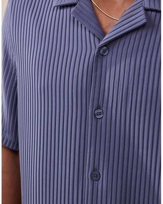 ASOS Blue Boxy Revere Loose Fit Plisse Shirt for men