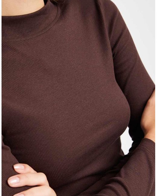 New Look Brown Ribbed Stand Neck Long Sleeve Top