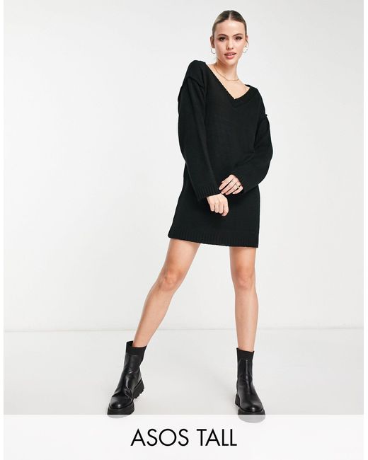 ASOS Black Asos Design Tall Knitted Mini Dress With V Neck