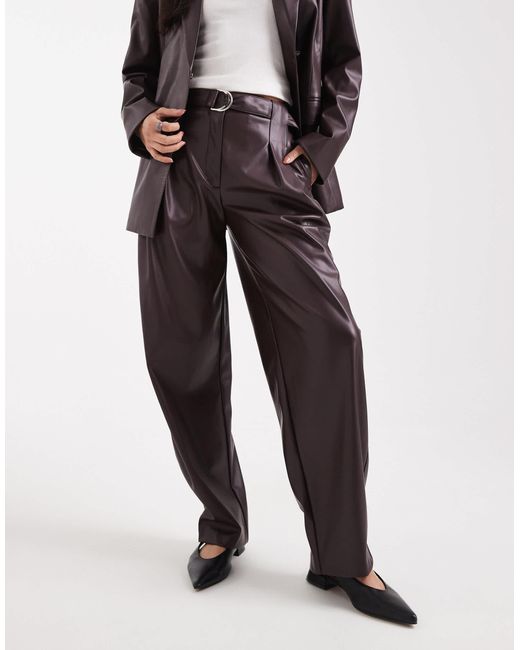 ASOS Purple Faux Leather Pleated Barrel Leg Trousers With Belt