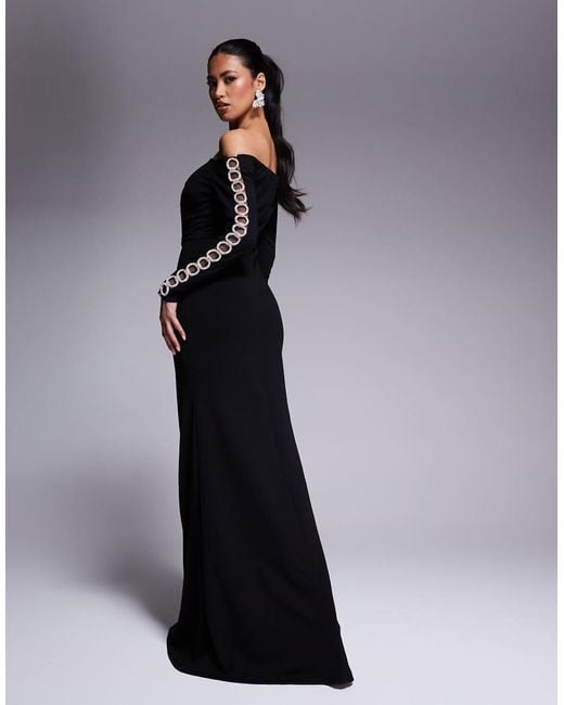 Goddiva Blue Embellished Diamante Sleeve Bardot Maxi Dress