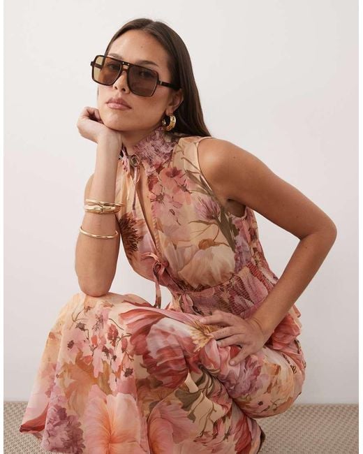 Wanderdoll Multicolor Primrose Tie Detail Sleeveless Shirred Chiffon Top Co-Ord