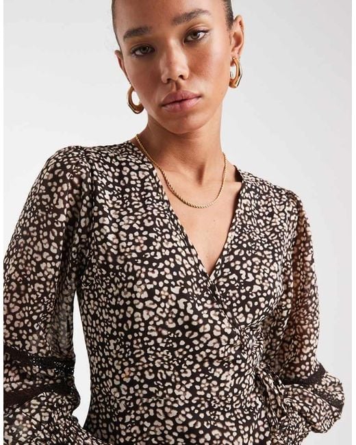 Wednesday's Girl Brown Wrap Detail Smudge Leopard Print Mini Dress