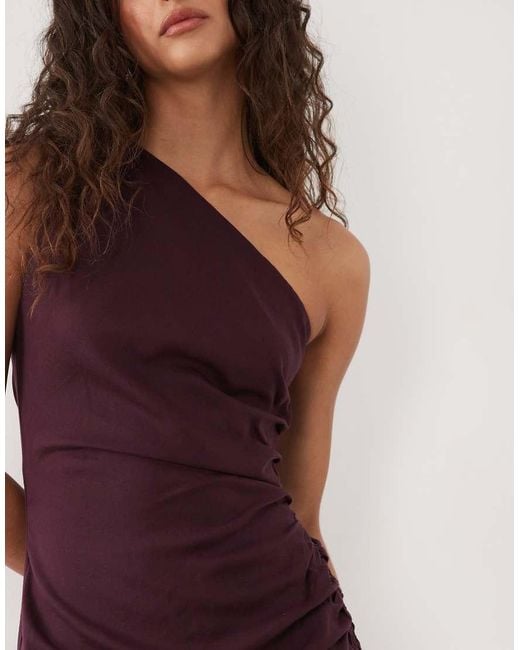 Mango Purple Linen Mix One Shoulder Draped Midi Dress