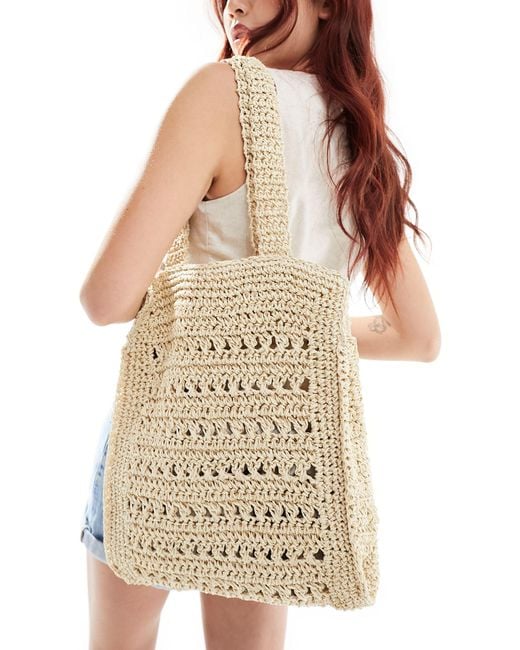 ASOS White Straw Hand Crochet Square Tote Bag With Open Weave