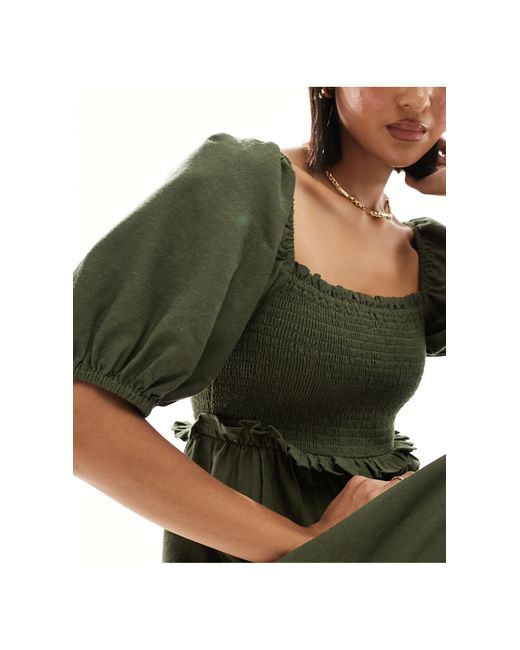 New Look Green Shirred Waist Puff Sleeve Midi Dress