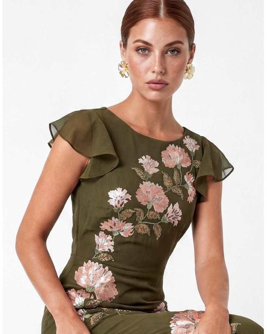 Maya Green Floral Embroidery V-Back Ruffle Midaxi Dress