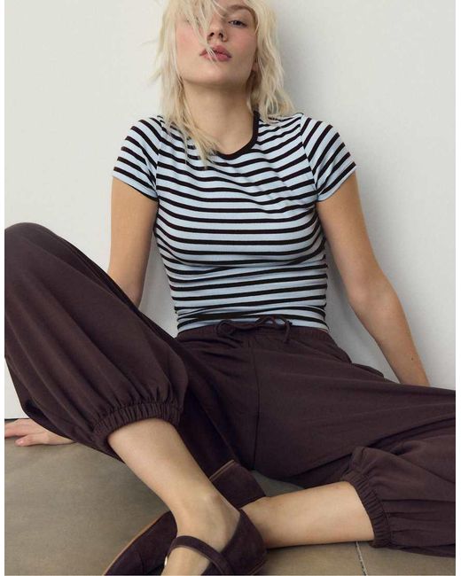 Stradivarius Gray Basic Slim Fit Striped T-shirt