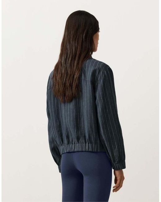 Oysho Blue Pinstriped 100% Linen High-Neck Jacket