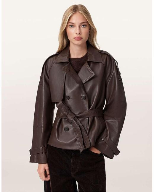 AllSaints Brown Reed Cropped Leather Trench