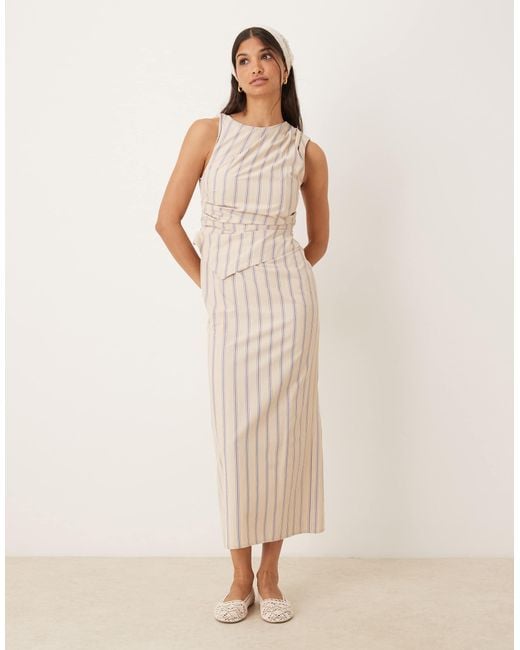 ASOS Natural 2 In 1 Drape Midi Dress With Stripe Bodice In Stone Stripe