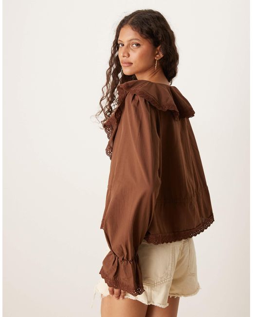 ASOS Brown Cotton Tie Front Ruffle Boho Blouse