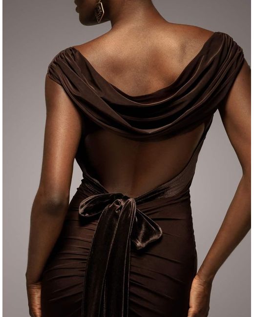 Goddiva Brown Open Back Cowl Neck Gathered Maxi Dress With Velvet Tie Back