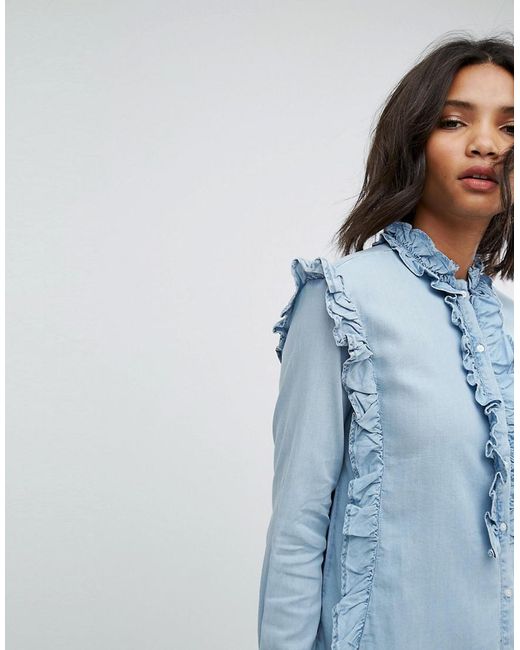Mango Frill Denim Shirt in Blue | Lyst