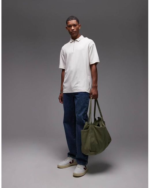 Topman White Premium Oversized Fit Polo With Zip Placket for men
