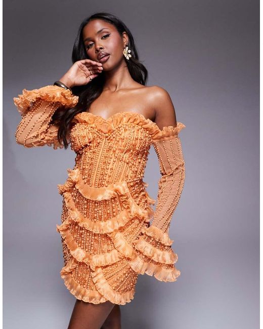 ASOS Orange Gem Embellished Off The Shoulder Mini Dress With Scallop Hem