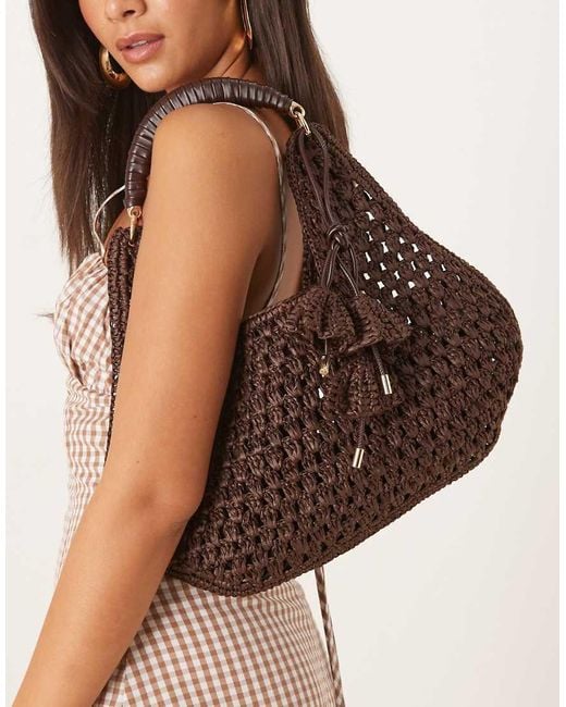 Mango Brown Crochet Hand Bag With Flower Charm Detail