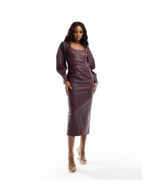 ASOS Purple Square Neck Twist Waist Pu Midi Dress With Volume Sleeve