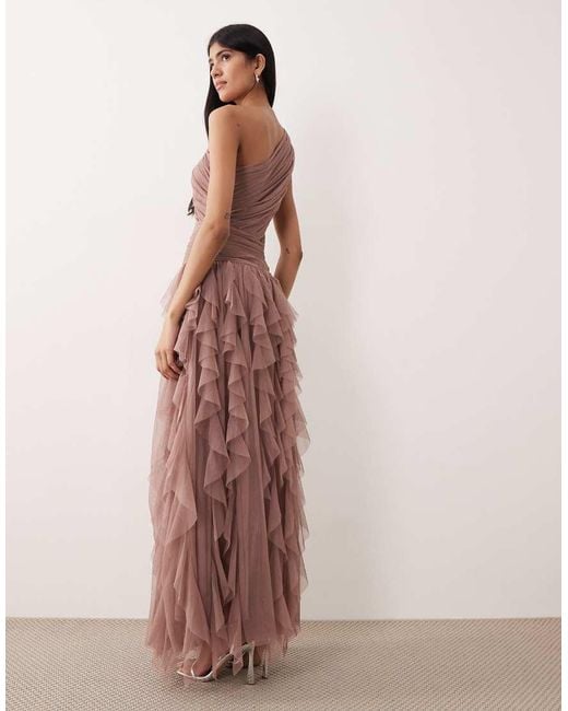 LACE & BEADS Brown Bridesmaid Tulle One Shoulder Waterfall Ruffle Maxi Dress
