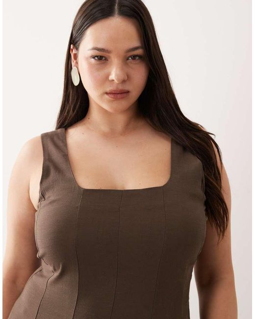 Vila Curve Brown Square Neck Linen-touch Midi Dress