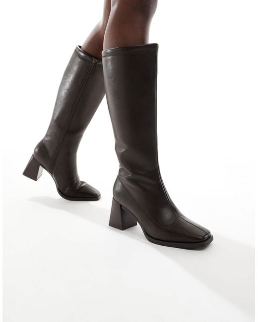 London Rebel Black Isla Block Heeled Knee Boots