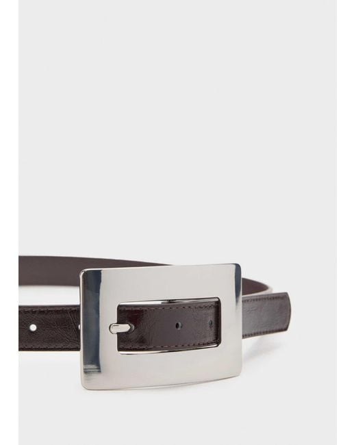 Mango Brown Faux Leather Belt With Oversized Rectangle Silver-tone Buckle