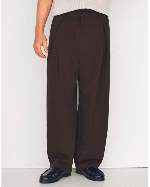 Bershka White Tall Pleated Baggy Trousers for men