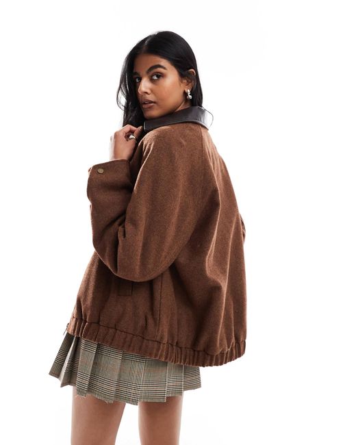 ASOS Brown Wool Blend Heritage Leather Look Collar Bomber Jacket