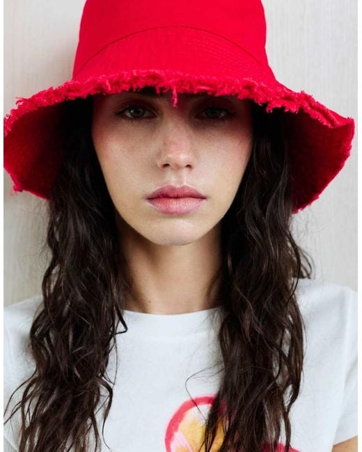 Pull&Bear Red Frayed Hem Bucket Hat