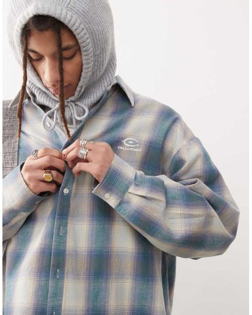 Camicia Squadrata Oversize A Maniche Lunghe A Quadri Spazzolata di Collusion in Blue da Uomo