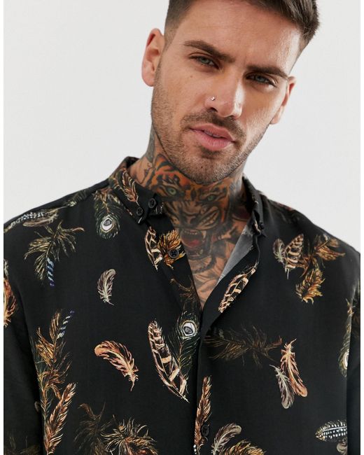 River Island Shirt With Feather Print in Black for Men | Lyst UK