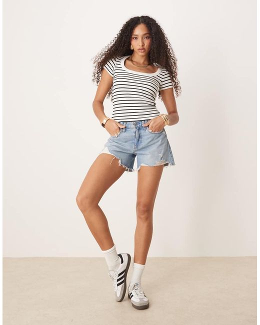 Gina Tricot Slim-Fit Geribbelde Top Met Strepen En Lage Ronde Hals En Korte Mouwen in het Brown