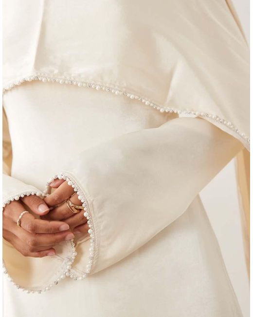 JW PEI Natural Satin Pearl Trimmed Cape Sleeve Maxi Dress