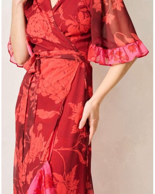 Hope & Ivy Red The Celestine Petite Contrast Frill Maxi Wrap Dress With Tie Waist