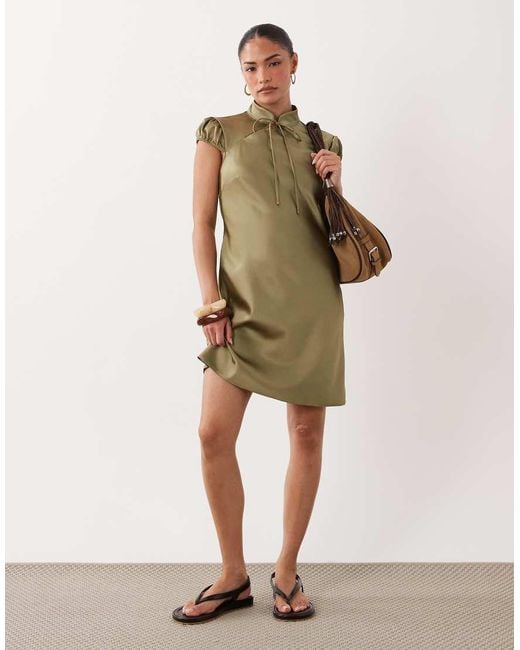 Miss Selfridge Green Satin Tie Neck Mini Dress