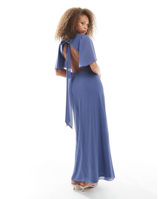 TFNC London Blue Bridesmaids Flare Sleeve Cut-out Maxi Dress With Bow Back