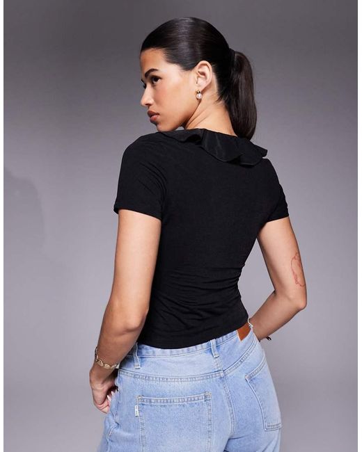 ASOS Gray Semi Sheer Short Sleeve V Neck Ruffle Front Top