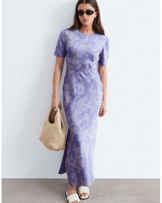 & Other Stories Blue Satin Paisley Print Maxi Dress With Cut