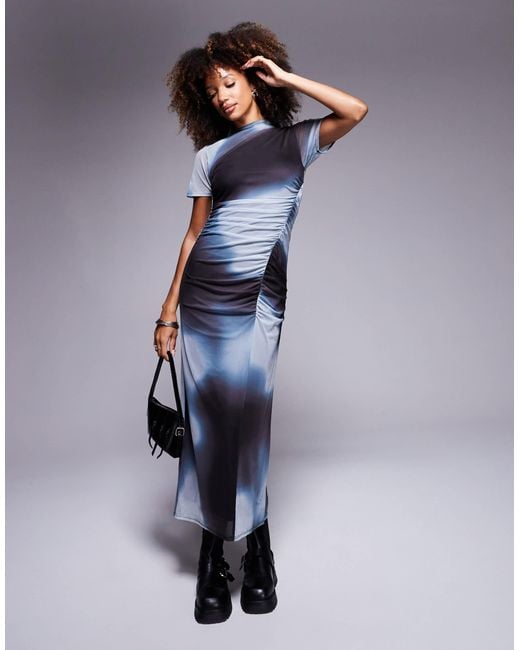 ASOS Blue Short Sleeve Drape Mesh Midi Dress With Ruching
