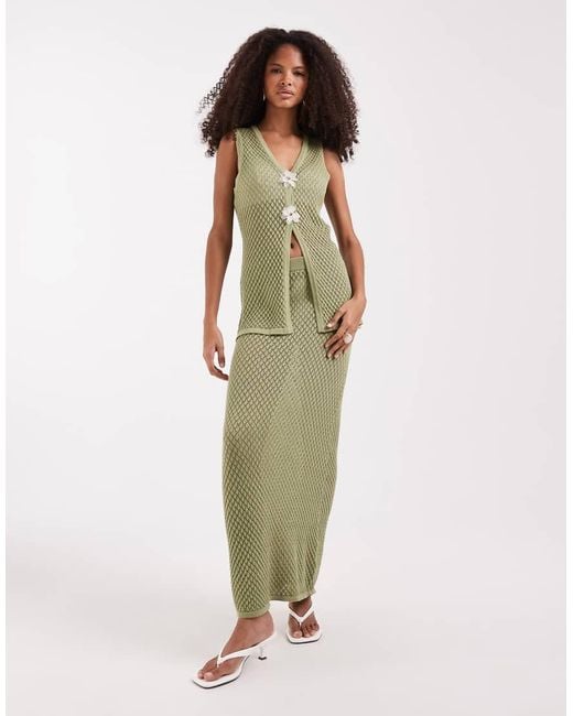 Pretty Lavish Green Pointelle Longline Waistcoat Co-ord With Floral Broach