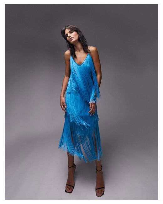 TOPSHOP Blue Cami Fringe Midi Dress